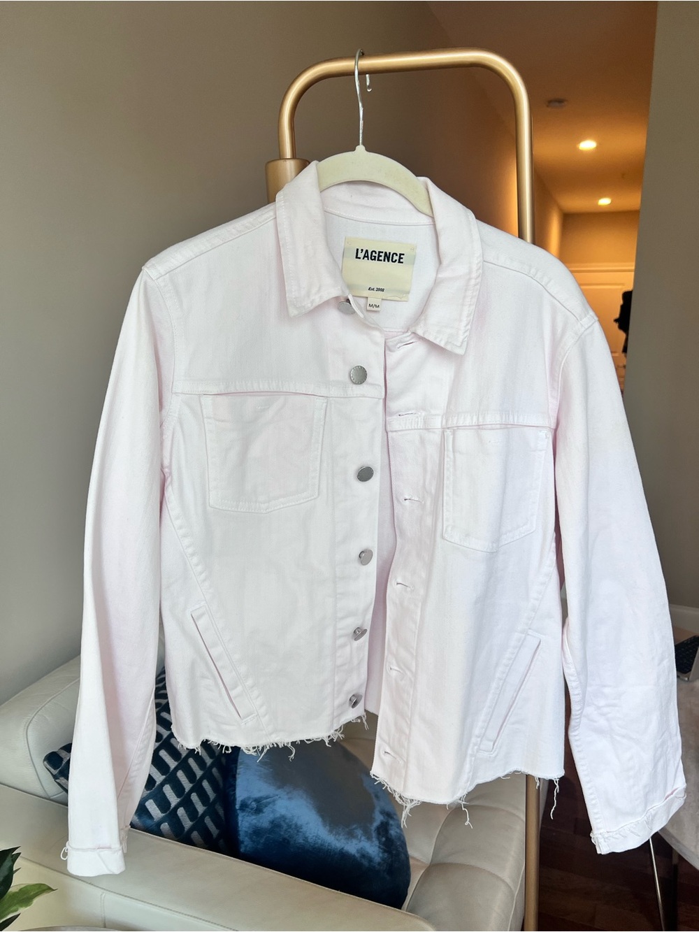 L'AGENCE Pale Pink Cropped Denim Jacket